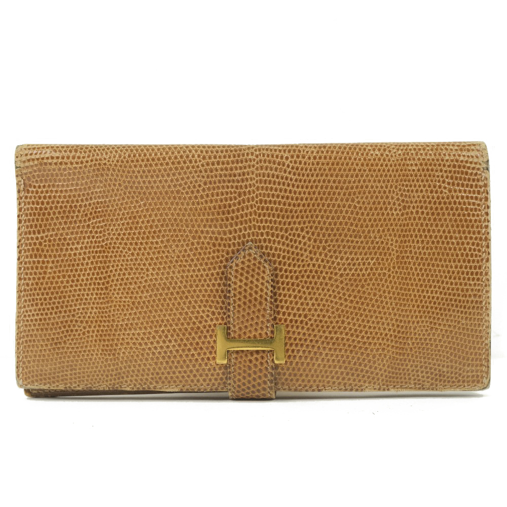 HERMES エルメス ベアン □E 長財布 リザード 茶 ユニセックス【57160363】中古拍卖