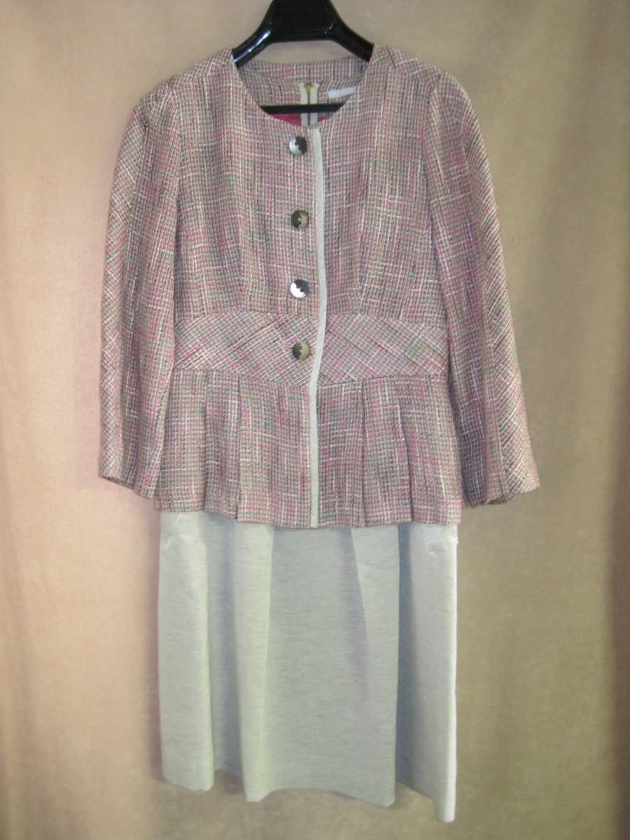 MEDIUM ☆ 2ピース(ジャケット&ワンピース) 綿&麻の編みチェック【ピンクxグレー他】拍卖