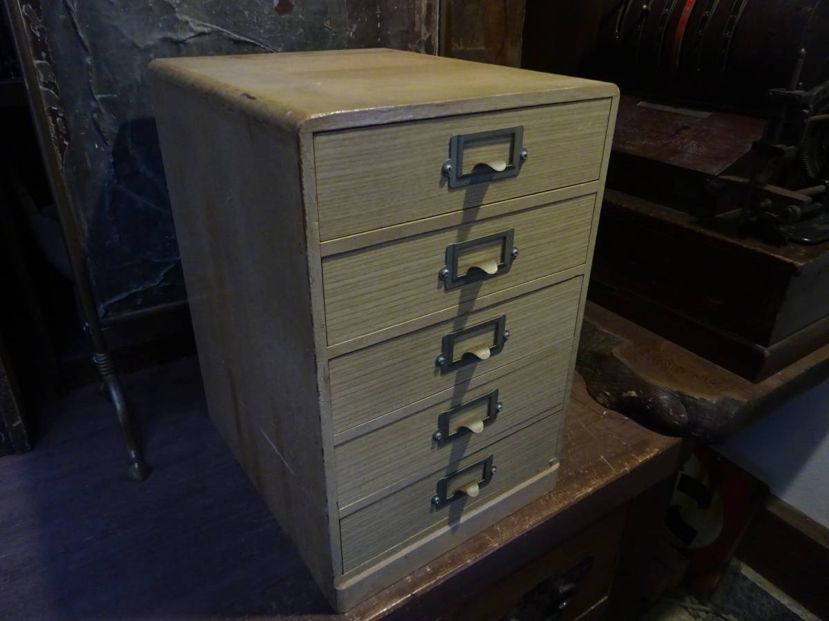 【5段木製段引出し】ナチュラル無垢材事務書棚文具ウッド収納ケース古道具アンティーク卓上収納家具インテリアインダストリアル箪笥レジ台拍卖