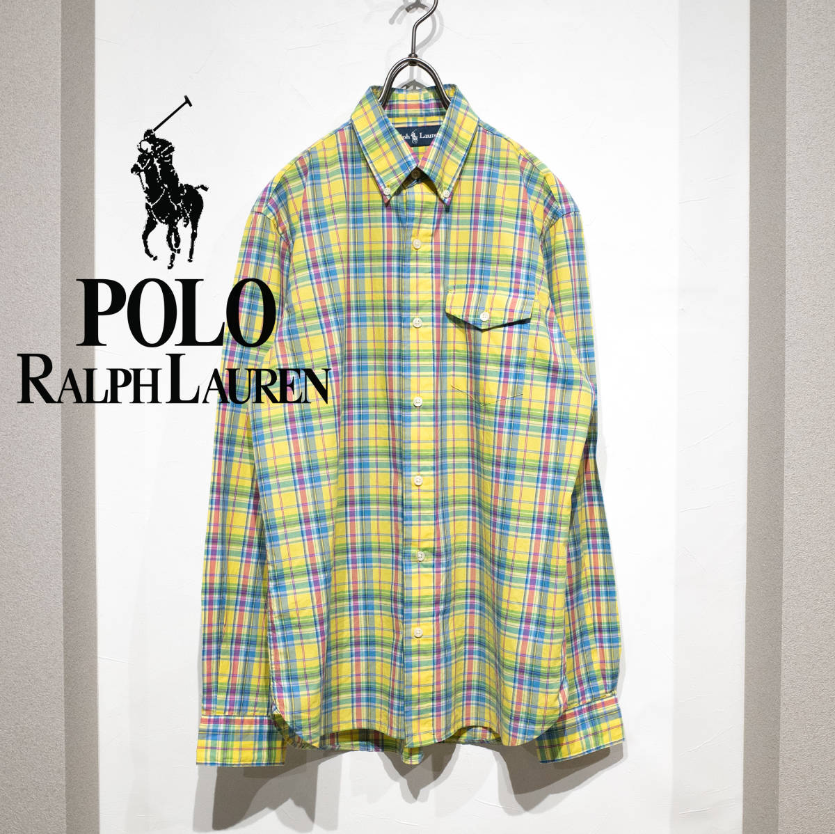 S / 90’s POLO RALPH LAUREN オールドポロラルフローレン マドラスチェックシャツ 長袖 BD ポケット 黄 青 ピンク メンズ レディース拍卖