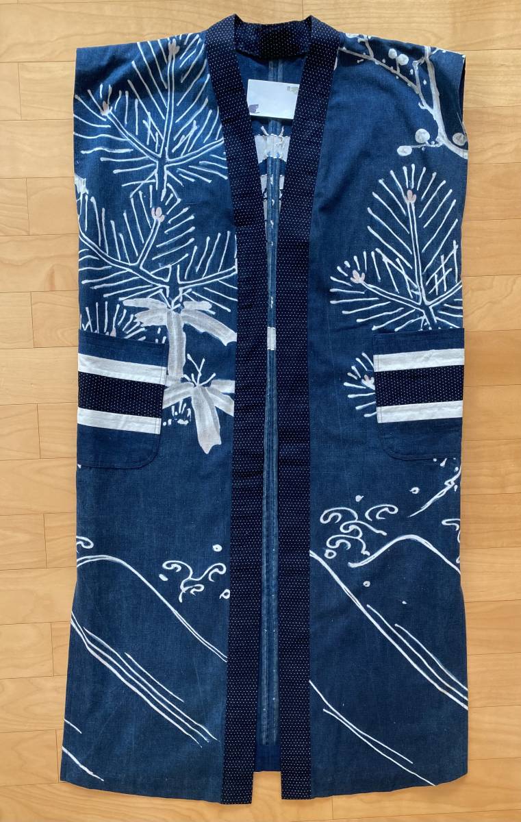 ☆即決☆ 古布100% 着物リメイク 刺し子入り筒描きロングベスト 刺し子 蚊絣 絣 藍染 百貨店拍卖