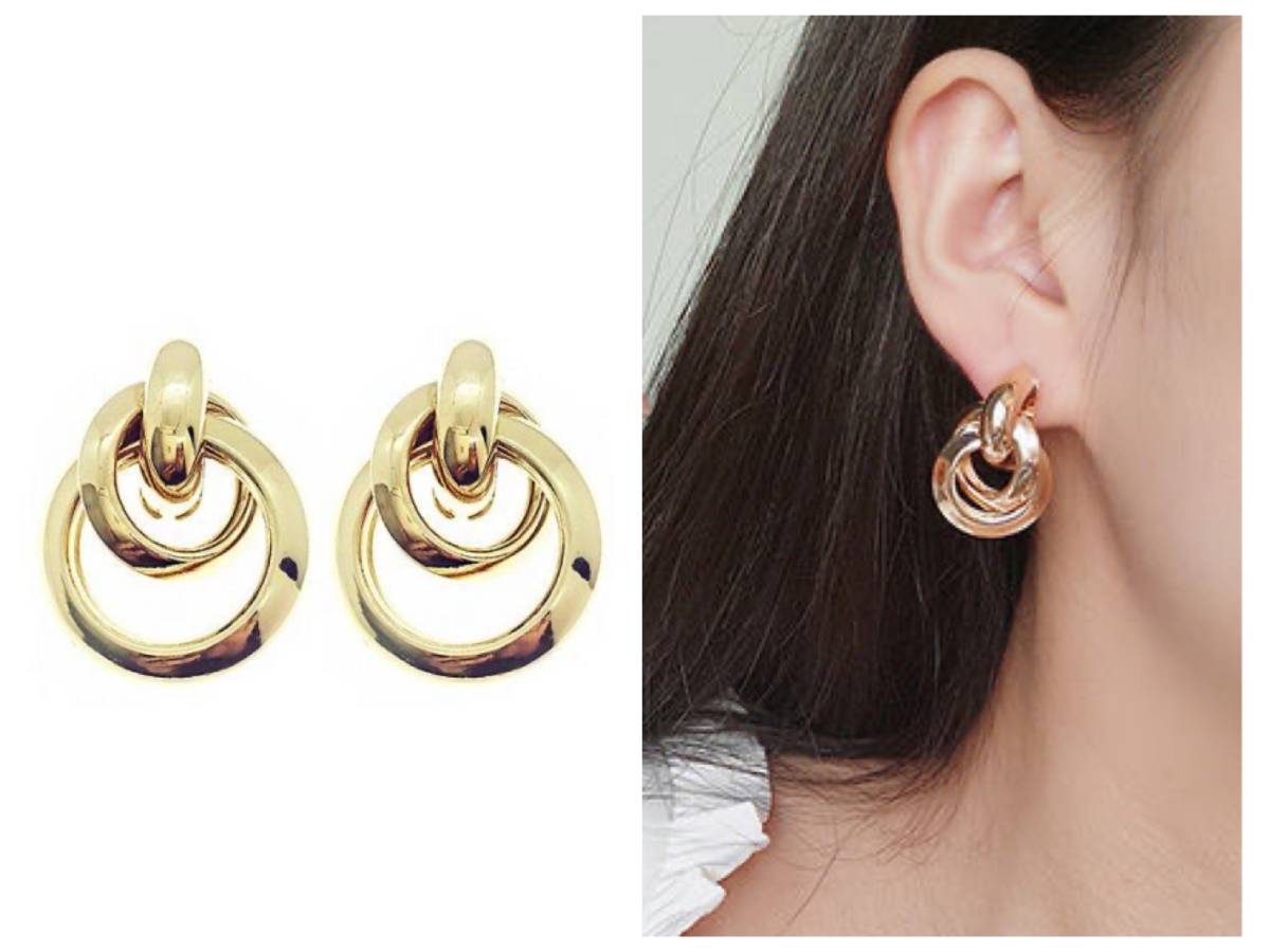 韓国 ピアス ゴールド ライン 大きい丸 幾何学的 小さい丸 B06拍卖