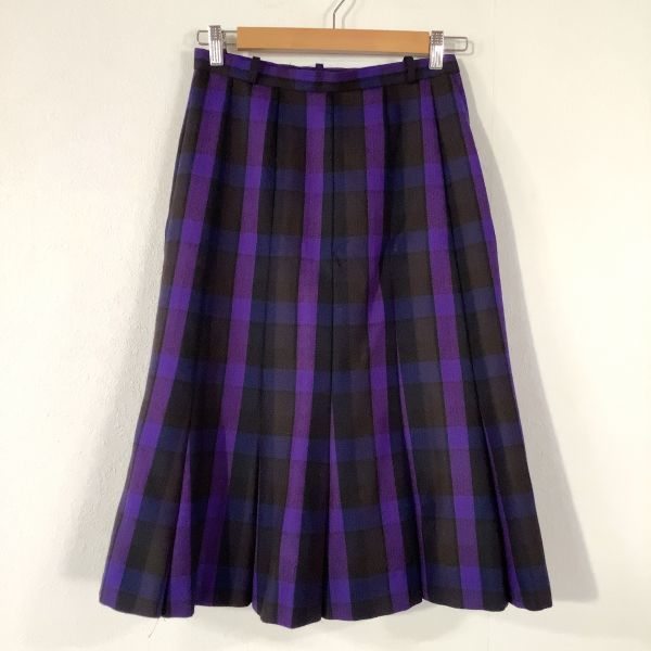 【煌びやかなデザイン】良品 Leilian レリアン チェック柄 ウール スカート レディース 9号 ブラック パープル サイドファスナー拍卖