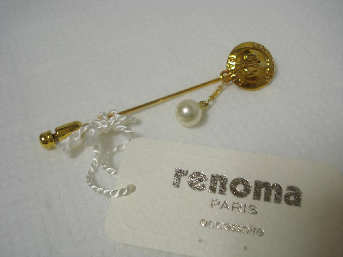 ☆ renoma レノマ ピンブローチ☆ ゴールド rロゴ パール付き拍卖