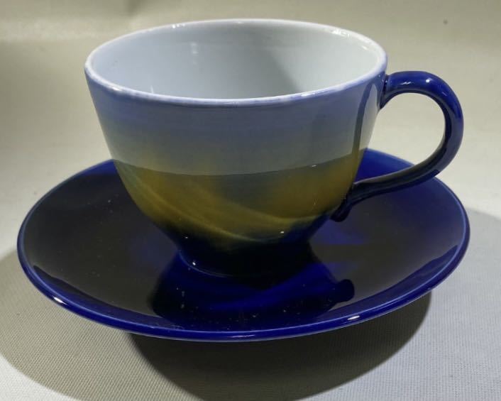 九谷焼 五代目中村秋塘作 コーヒー碗&皿 紺 共箱 西とA拍卖