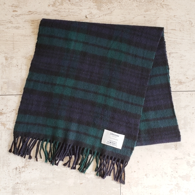 ジョンストンズ チェック柄 カシミヤ マフラー スコットランド製 グリーン系 johnstons拍卖