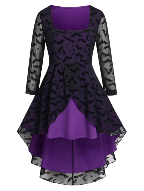 即納 新品大きいサイズ5L(~6L.7L) ゴシック蝙蝠柄イレギュラーヘムチュニックワンピース パーティ ゴスロリ コスプレ イベント ハロウィン拍卖