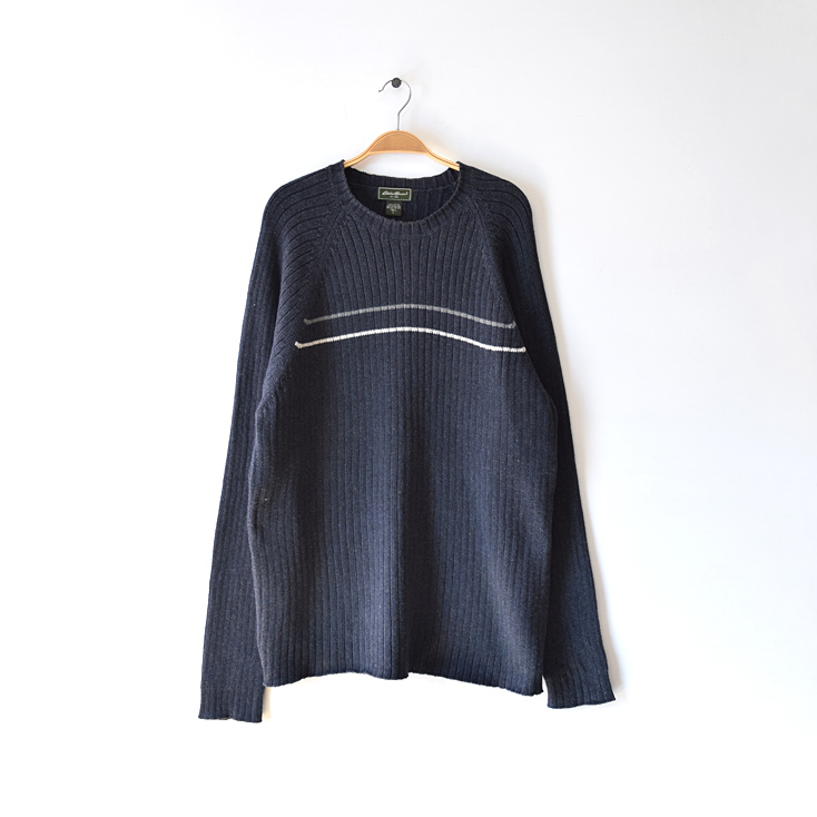 【送料無料】エディーバウアー アウトドア コットンニット クルーネック セーター 紺色 Eddie Bauer メンズL 古着 CH0728拍卖