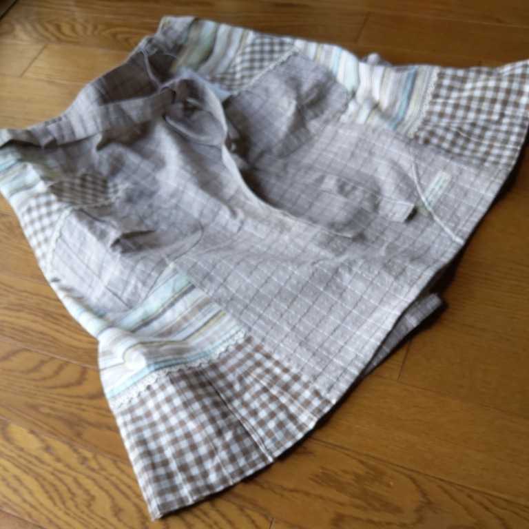 未使用 カフェエプロン サロンエプロン レース プリーツ パッチワーク チェック ボーダー ベージュ拍卖