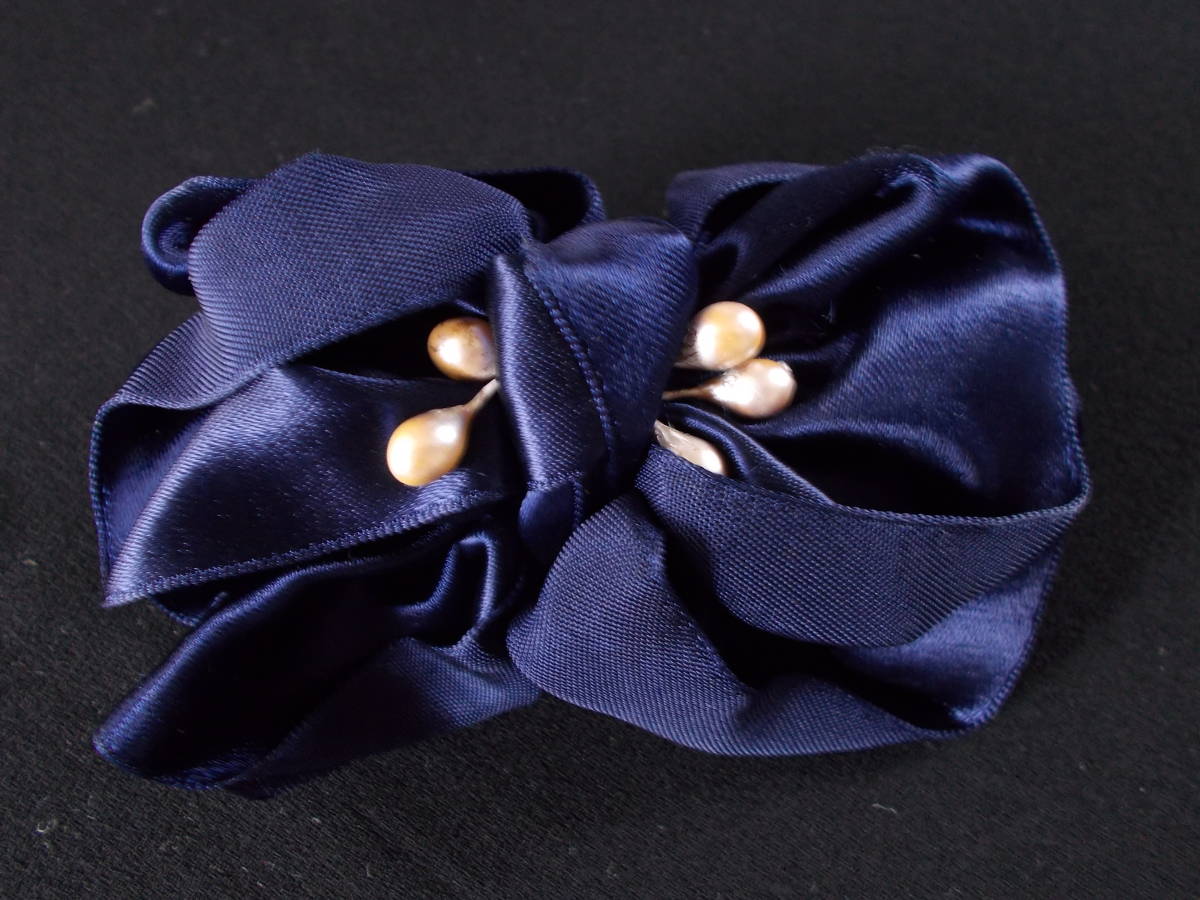 バレッタ 髪留め サテンリボン 正装 パール 紺拍卖