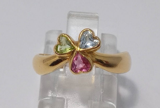 K18 YG 2.6g ペリドット ピンクトルマリン ブルートパーズ リング 12号拍卖