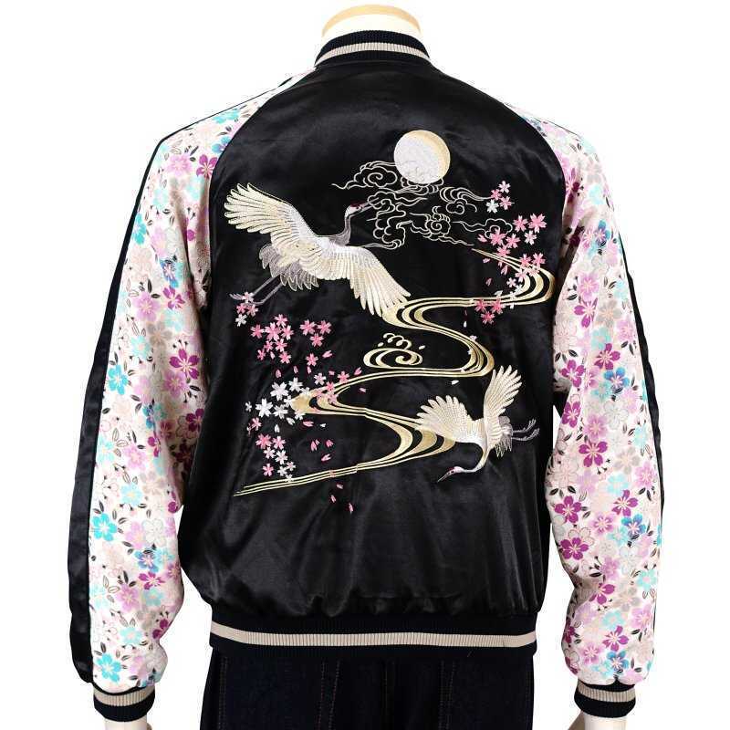 ジャパネスク/花旅楽団/鶴/袖縮緬/スカジャン/ブラック/M/3RSJ-302/サトリ拍卖