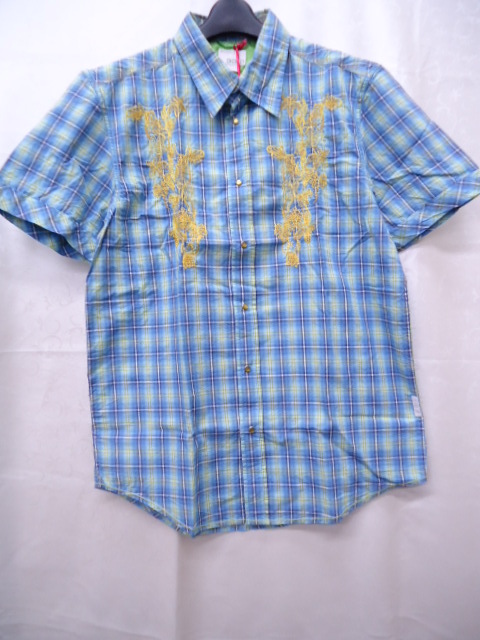 【KCM】MATO-21-L★未使用品★【ENERGIE GOLD/SIXTY】メンズ 刺繍 チェック柄 ウエスタン 半袖シャツ ブルー系 サイズ L拍卖