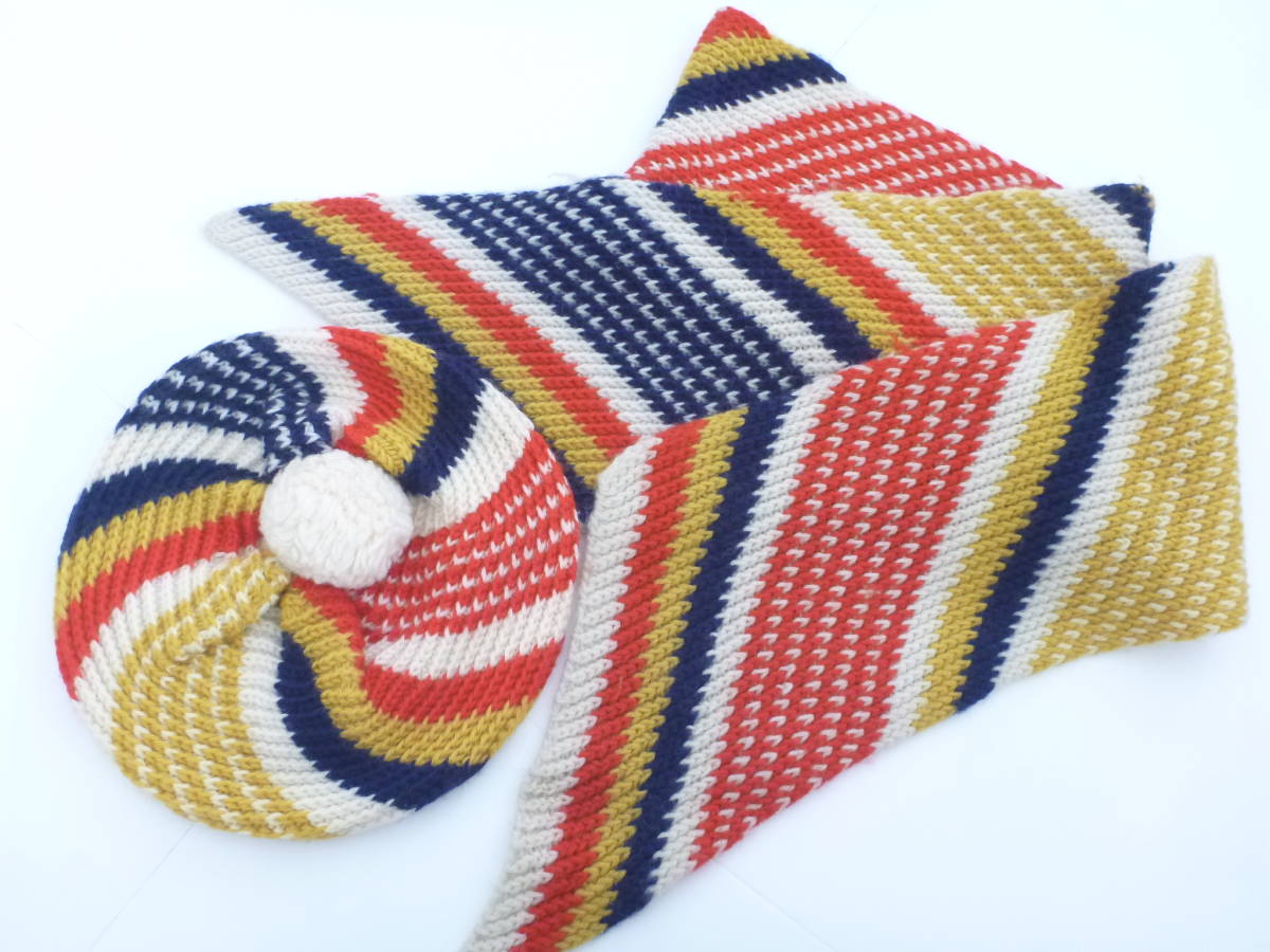 美品 イタリア製 マフラー ニット帽 ★紺×赤×オフホワイト×黄 カラフル拍卖