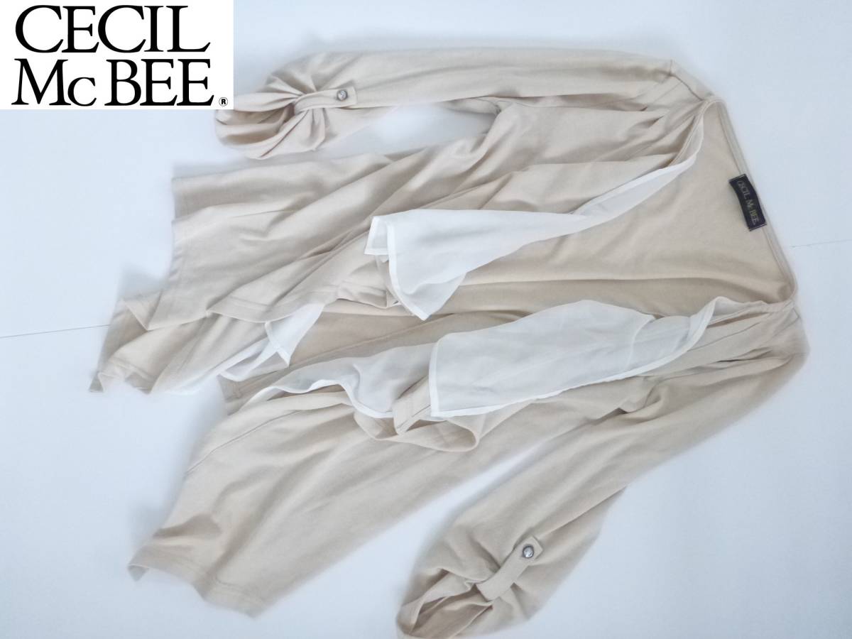 美品 CECIL McBEE セシルマクビー ★ベージュ×白シフォン カーディガン M拍卖