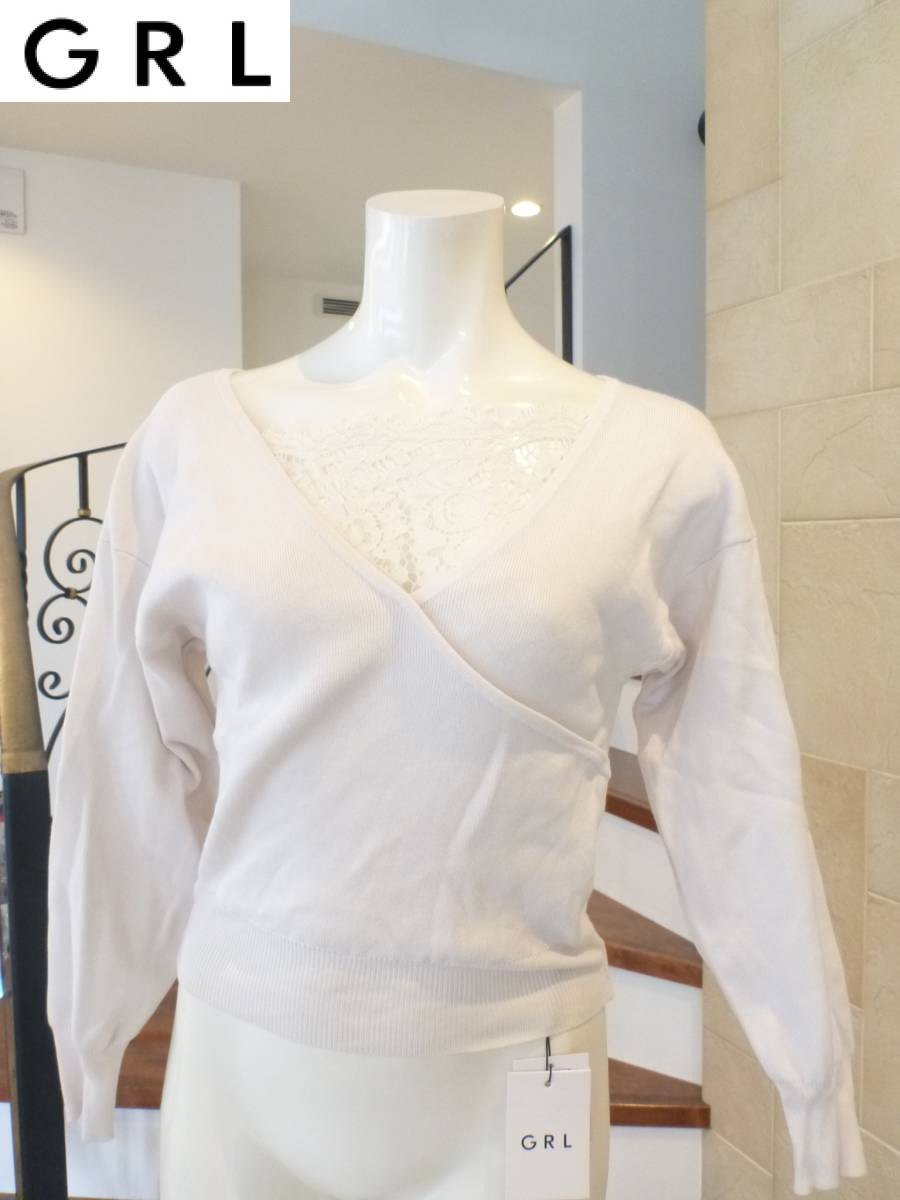 新品 GRL ★オフホワイト系 胸元レース 長袖セーター F S相当拍卖