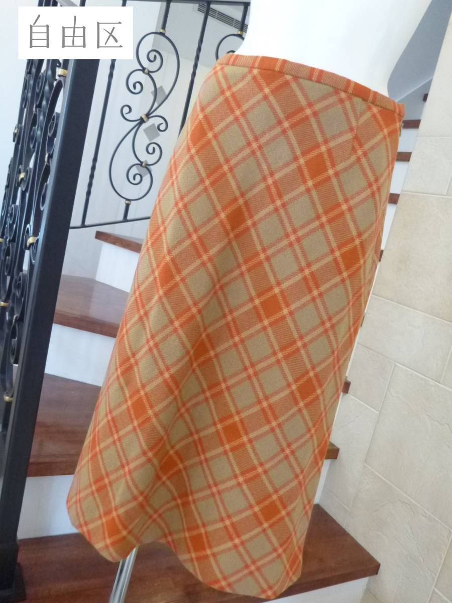 3万 超美品 自由区 ★ オンワード樫山 オレンジ×ベージュ チェック柄 ウール ロングスカート 40 L相当拍卖