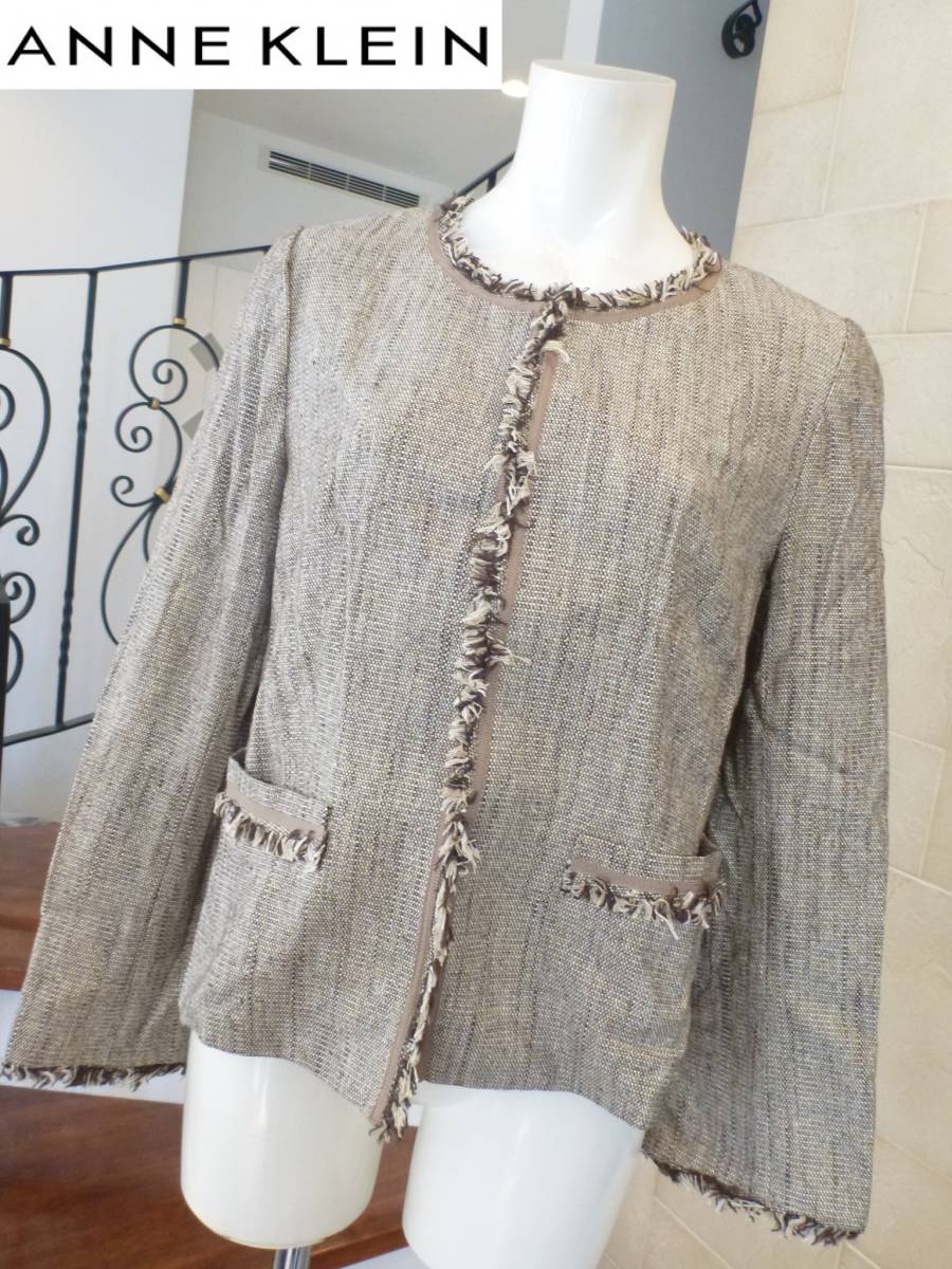 美品 ANNE KLEIN|アンクライン ★ 茶 ブラウン ツイード ノーカラー ジャケット 13 L相当拍卖