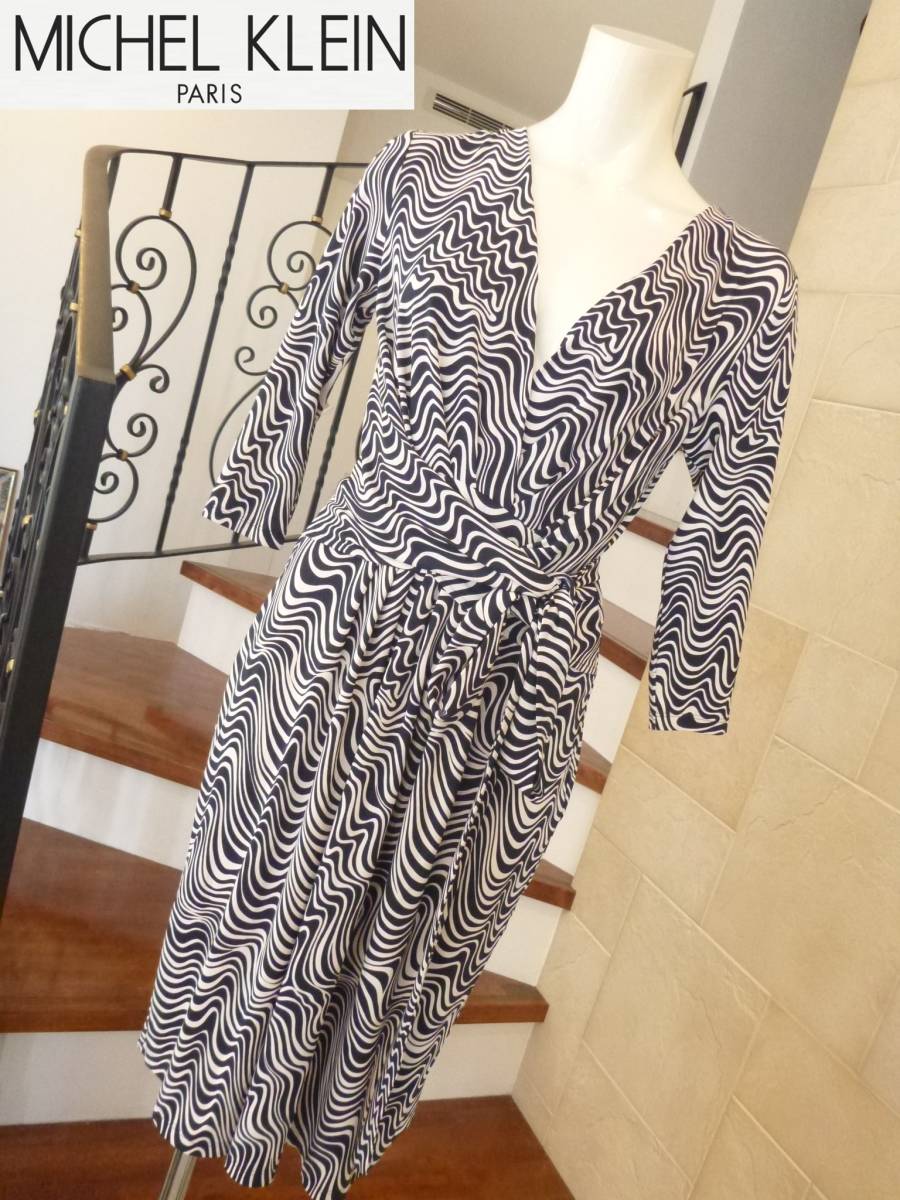 2.8万 超美品 MICHEL KLEIN(ミッシェルクラン) ★濃紺×白 カシュクールワンピース 4 S相当拍卖