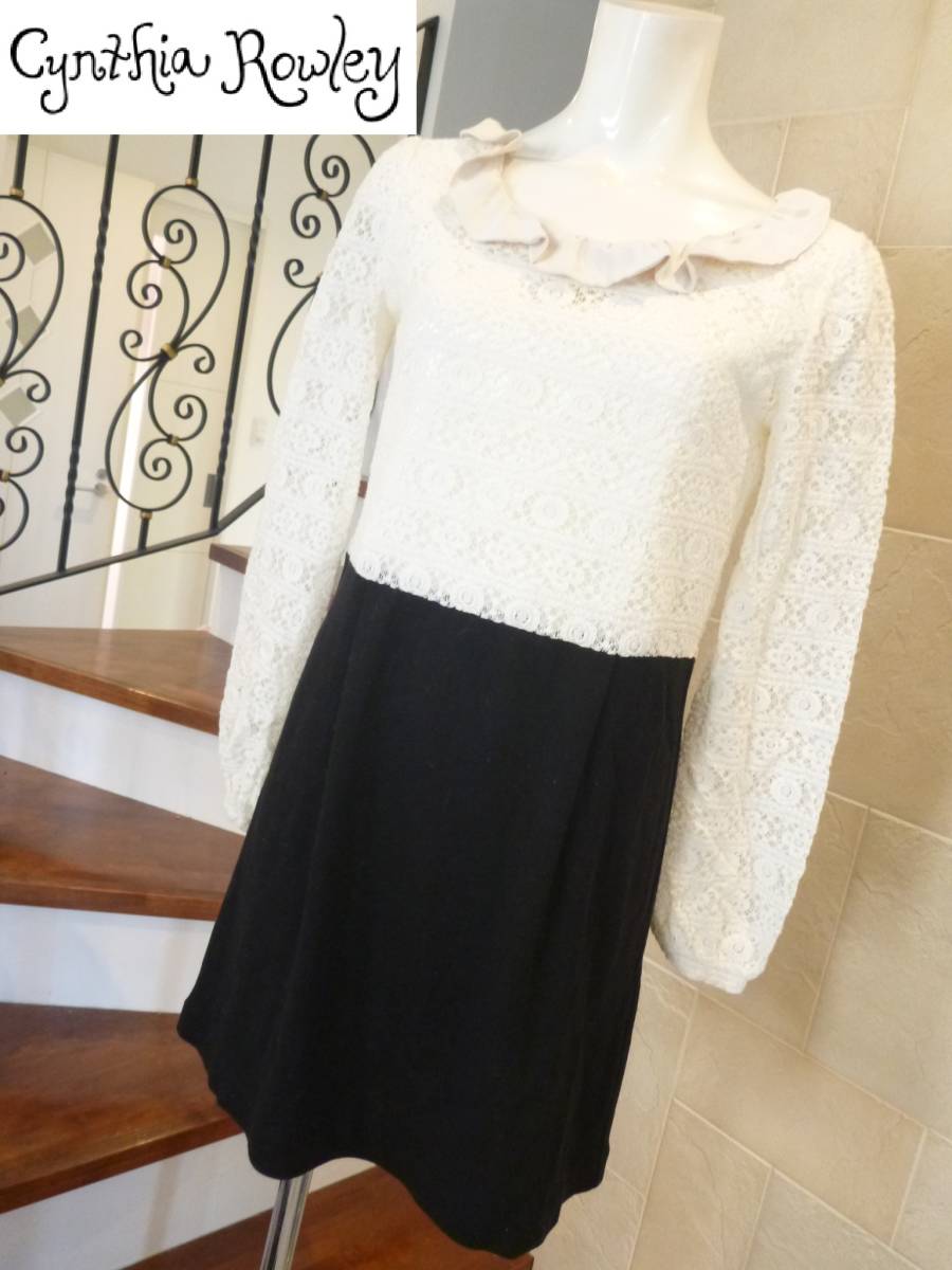 美品シンシアローリー(Cynthia Rowley) ★オフホワイト×黒 長袖 レース ワンピース 2 S相当拍卖