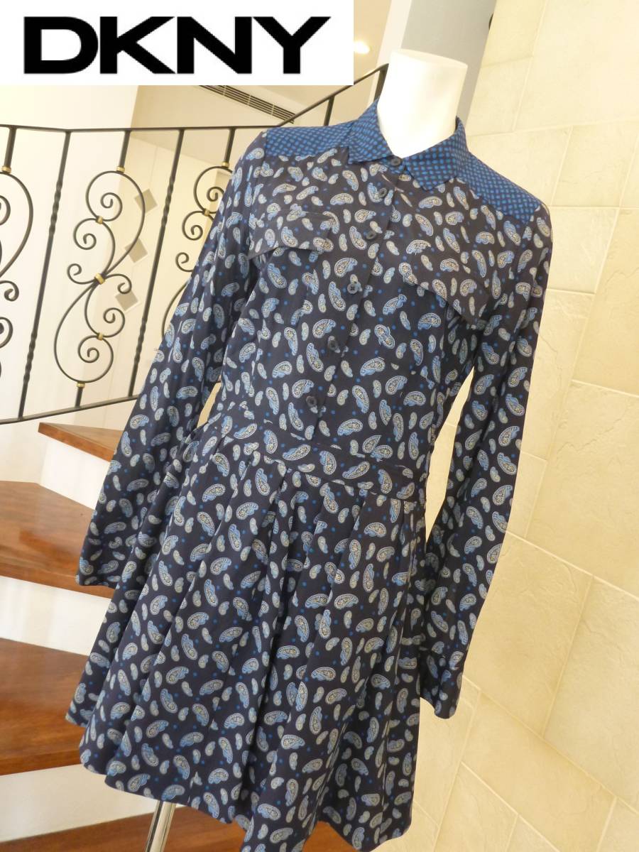 2万 超美品 DKNY ダナキャランニューヨーク ★紺×青×ペイズリー柄 シャツワンピース 2 M相当拍卖
