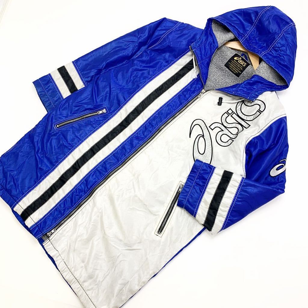 アシックス ASICS ブルー × ホワイト グランドコート グラコン ベンチコート Lサイズ 裏フリース 防寒 スポーツウェア♪■F118拍卖