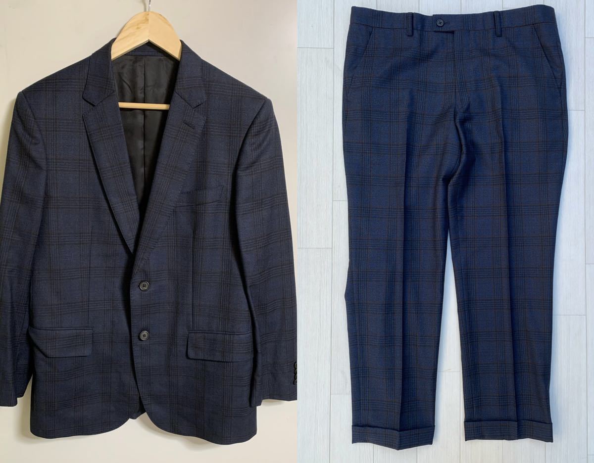 【美品】高級生地デルフィノ製 Paul Smith ポールスミス チェック柄セットアップスーツ【M2】ネイビー 総裏地拍卖