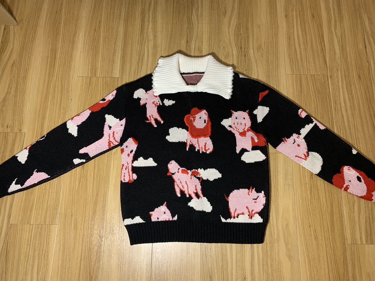 PIG子豚模様可愛い厚手ニットセーターパール襟美品拍卖