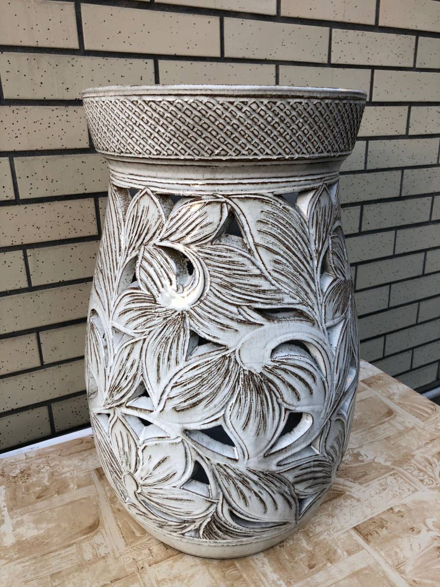 ●●●<信楽焼>傘立て●17号雫型白窯変唐草◆未使用*当店展示品拍卖