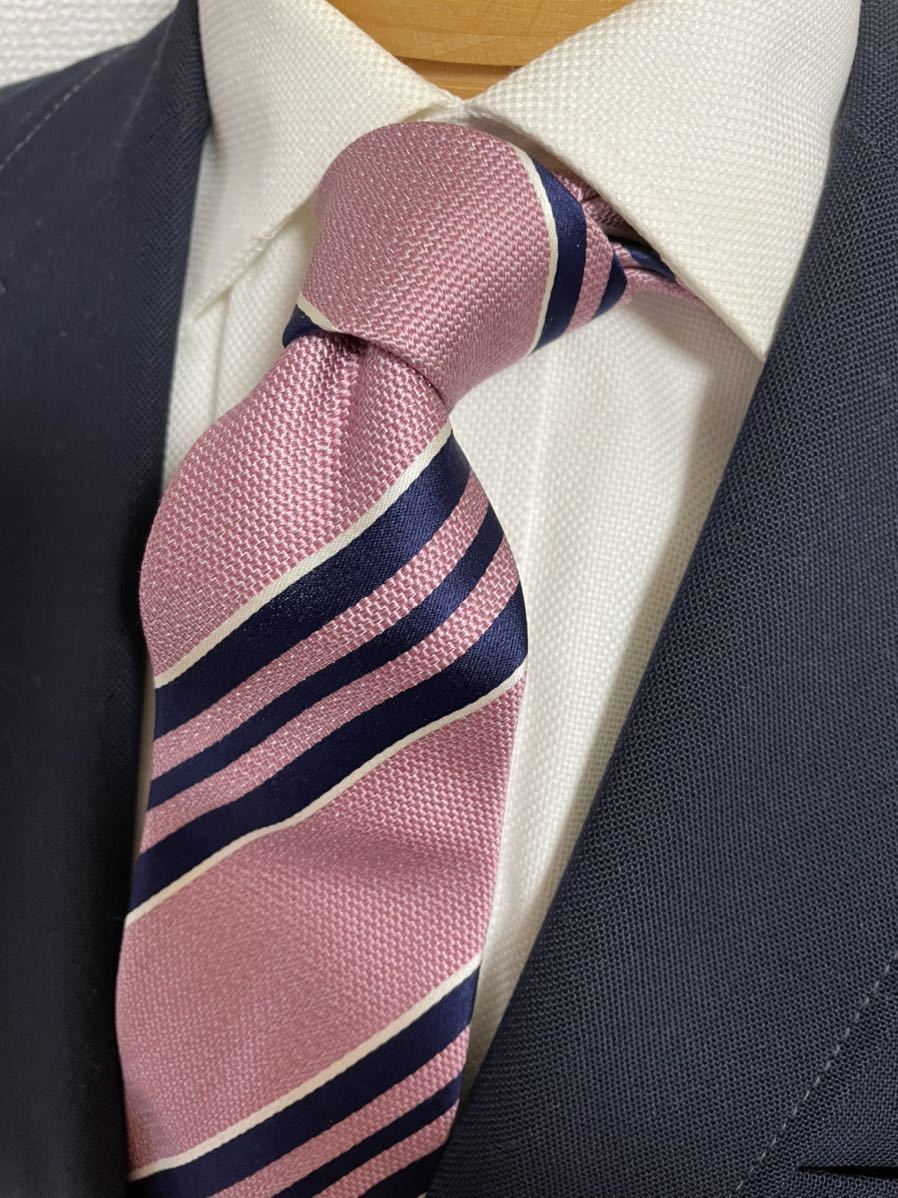【美品】タケオキクチ ストライプネクタイ ピンク×ネイビー 高級シルク日本製 大剣約8cm TAKEO KIKUCHI拍卖