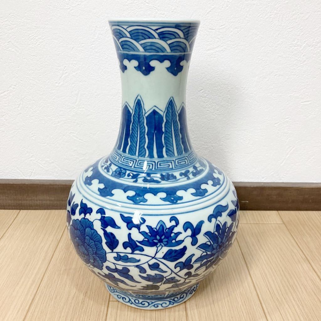大明宣徳年製 青花 花卉 高さ約16.5中国 古美術 領収書拍卖