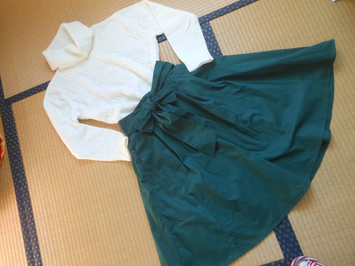 未着用品 earth music&ecology アースミュージック&エコロジー  リボンベルト付き膝丈ギャザースカート拍卖