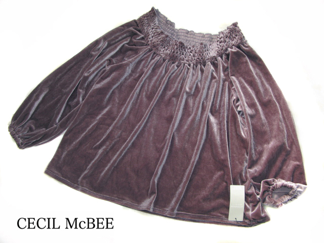 【新品 セシルマクビー】2way ストレッチ入 ベロア オフショルダー バルーン袖 プールオーバー M9号38 (ボリューム袖)拍卖