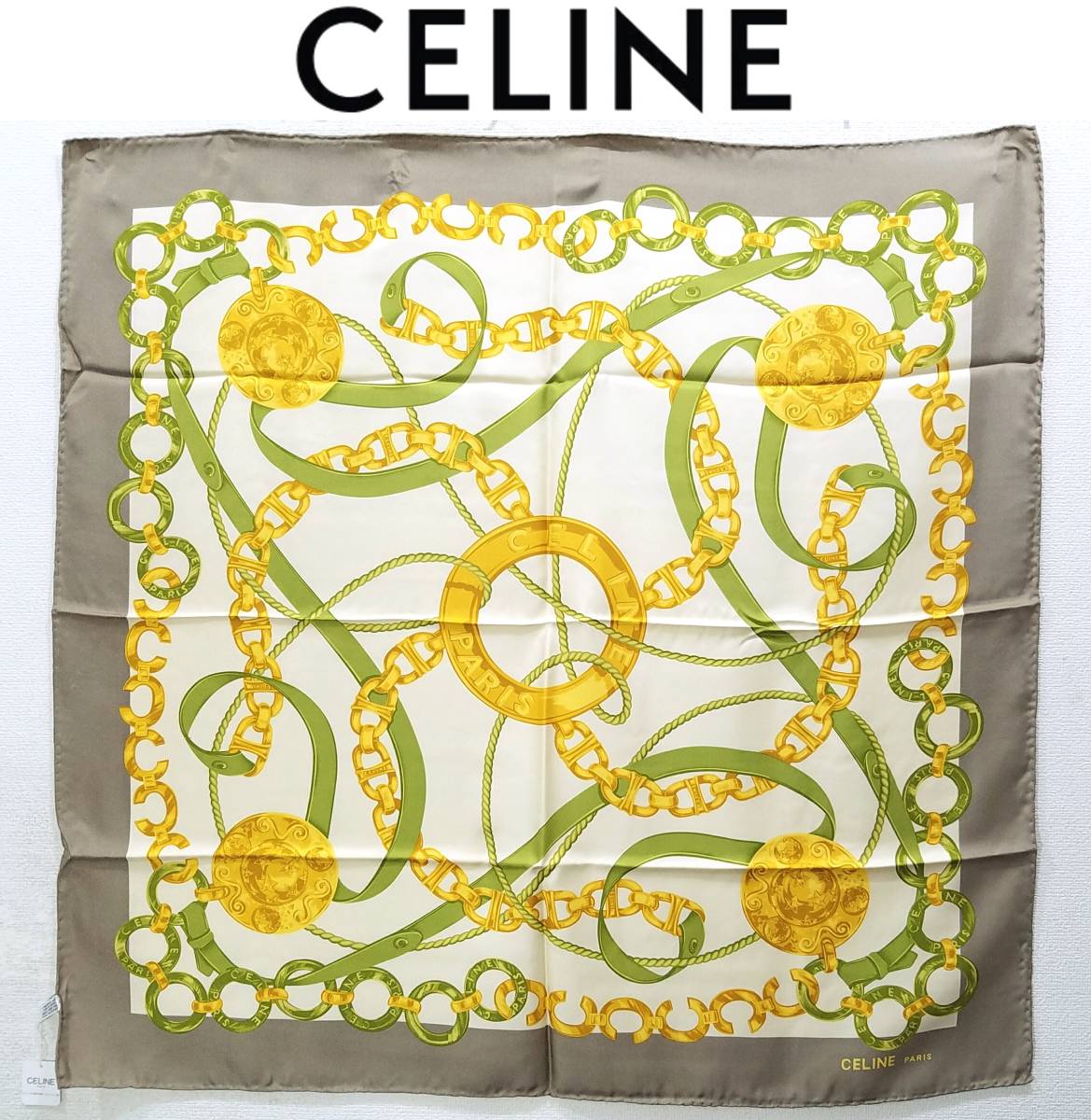 送料250円~国内正規品ヴィンテージ(新品)80年代セリーヌ サークルロゴ 大判スカーフ イタリア製スクエアカレ シルクツイル トープCELINE拍卖