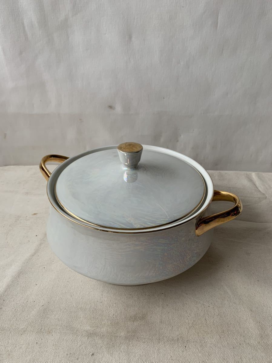 美品 デザインが素敵な白磁の両手鍋 昭和レトロアンティークビンテージ古道具インテリアディスプレイコレクションキッチンカフェ料理雑貨拍卖