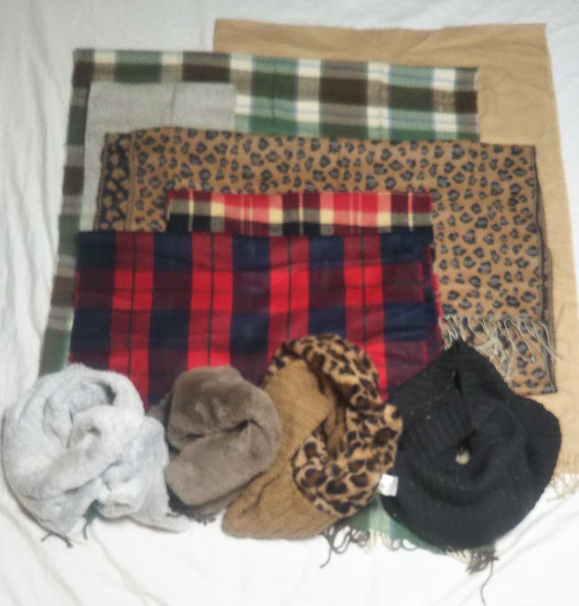 ⑤F送料1000円 マフラー スヌード まとめて10点セット ストール チェック無地ヒョウ柄 豹柄 レディース GU ウィゴーなど まとめ大量拍卖