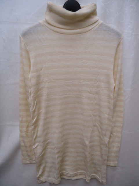 【KCM】jmc-435-L★未使用★【Pas de deux/パ・ド・ドゥ】タートルネック ニットチュニック 長袖 ボーダー L アイボリー レディース 拍卖