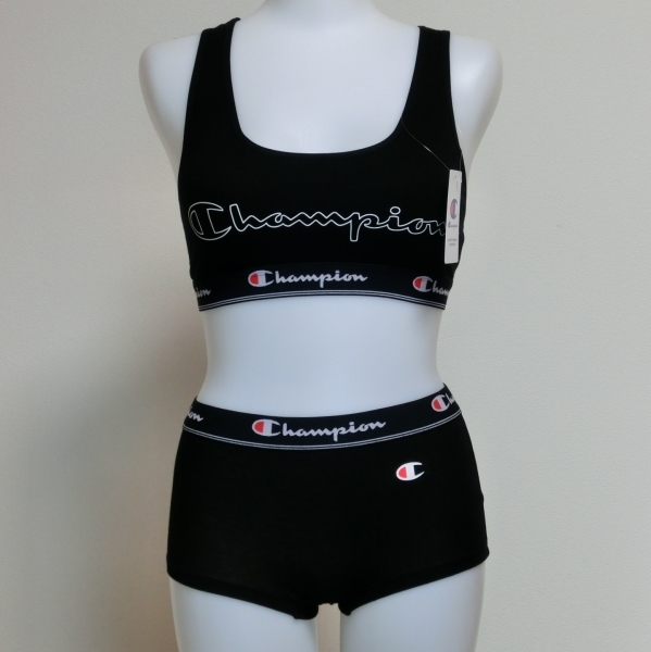 【M】 Champion チャンピオン 黒 スポブラセット スポーツブラジャー+一分丈ショーツ 0587A7 カップ付き 綿混 ブラック拍卖