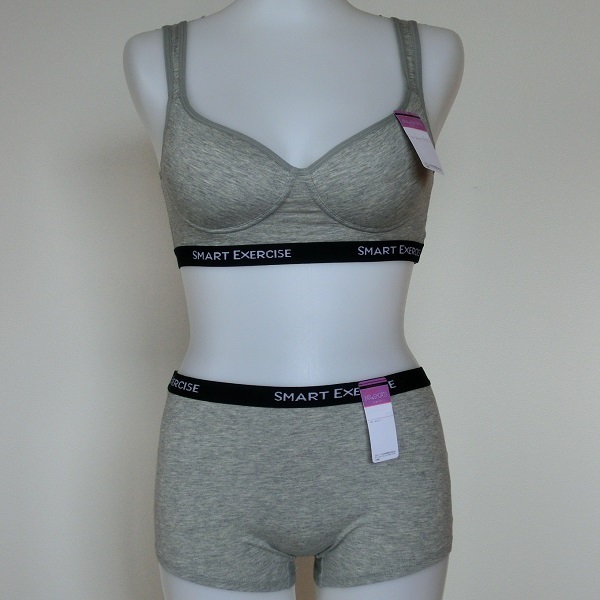 【M】スポブラセット スポーツブラジャー+1分丈ショーツ グレー杢 0589A7 SMART EXERCISE 綿混 カップ内蔵 ノンワイヤ かぶり拍卖
