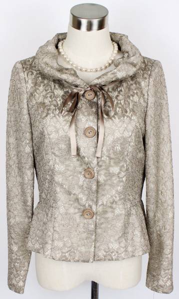 新品 9号 64900円 ラピーヌ レース ジャケット リボン付き モカ ベージュ系 結婚式 セットアップに レディース お食事会 日本製拍卖