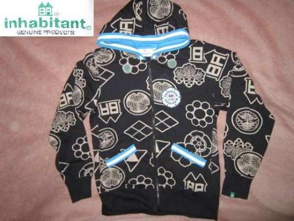 inhabitant インハビタント 刺繍ワッペン 家紋 薄手 フルZIPパーカー 黒 S ロンT 長袖Tシャツ拍卖