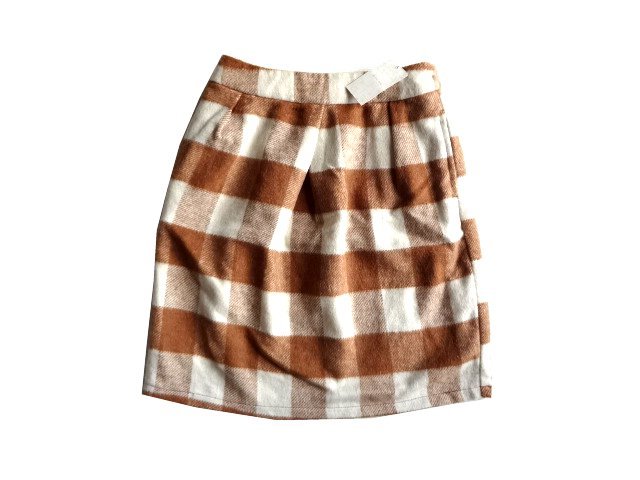 新品 レトロガール RETRO GIRL シャギー 膝丈 スカート 茶 ブラウン ブロック チェック タイト タック入り 秋 冬 拍卖