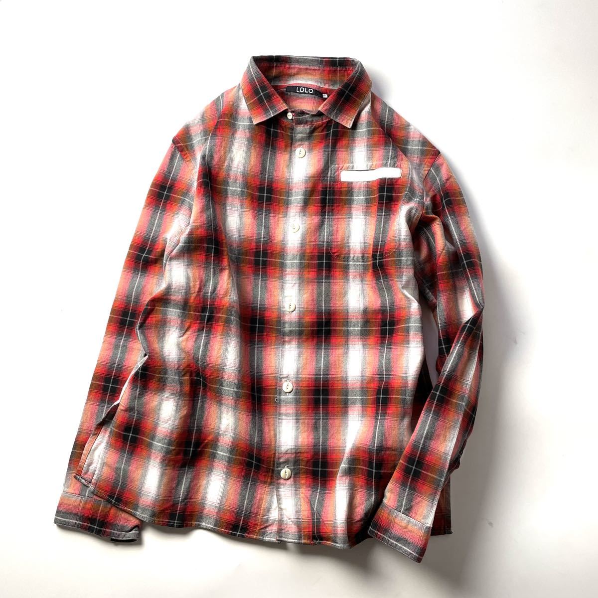 T012 【日本製】 LOLO ロロ / 丸襟 ラウンドカラー 長袖 フロントボタン チェックシャツ 猫目ボタン M メンズ ネルシャツ 拍卖
