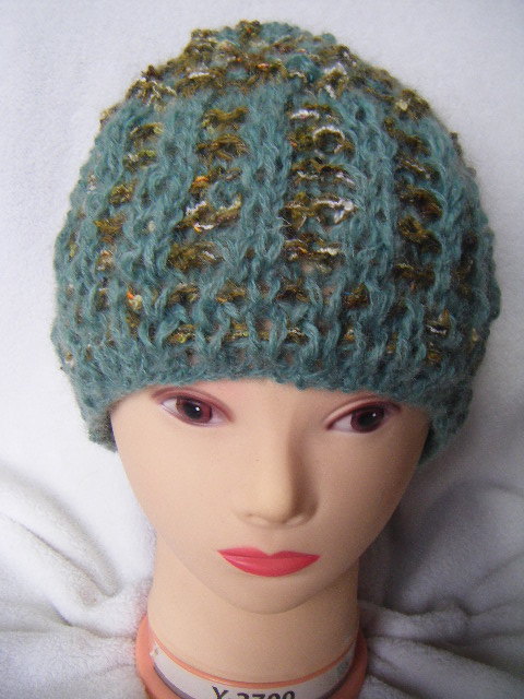 冬*手編男女兼用キャップ*薄モスグリーン(モヘア少し)とモスグリーン他マルチ色 69拍卖