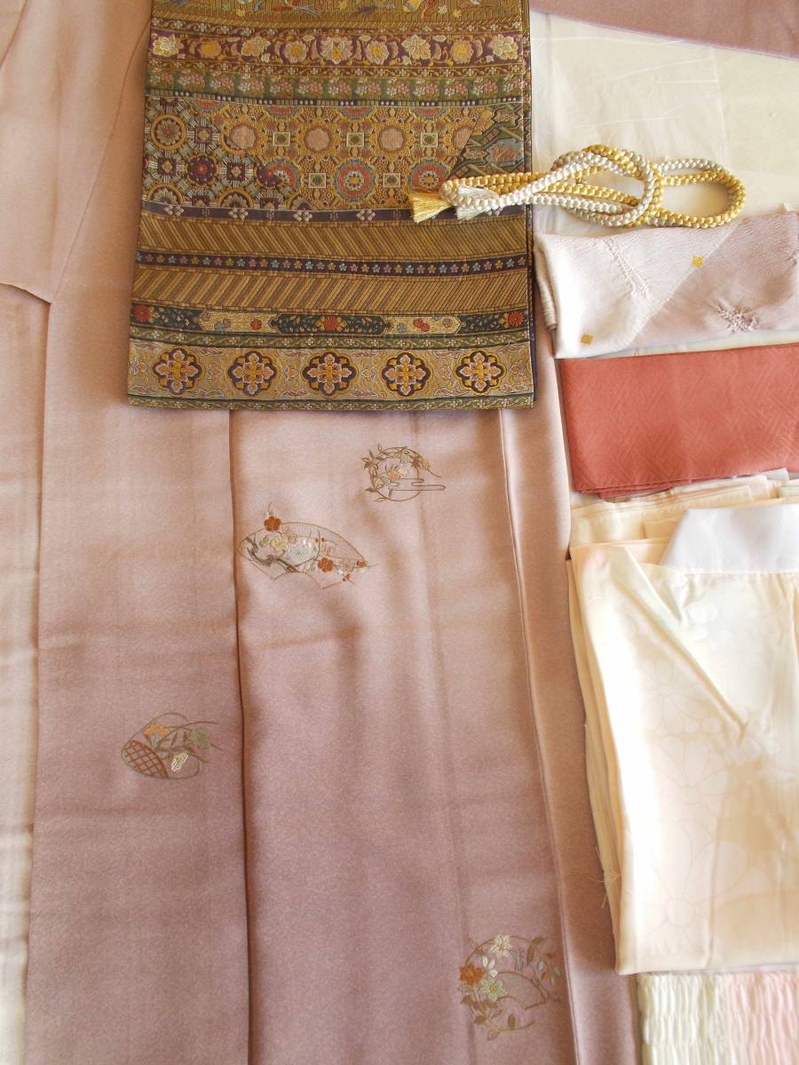 付け下げ 袷 帯 長襦袢 刺繍 薄紫 ぼかし 帯締 帯上 7点セット 礼装 和装 着物 レディース 値下げ交渉あり拍卖