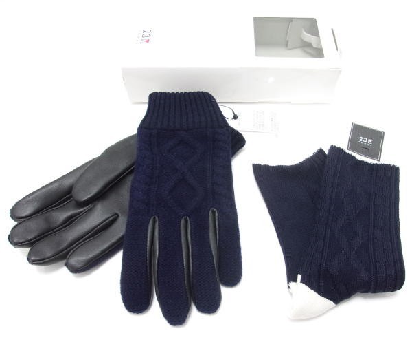 新品★23区HOMME★グローブ&ソックス★2点セット★スマートフォン対応★ニットレザーコンビ★定価1.4万+税★ネイビー★メンズ★手袋&靴下拍卖