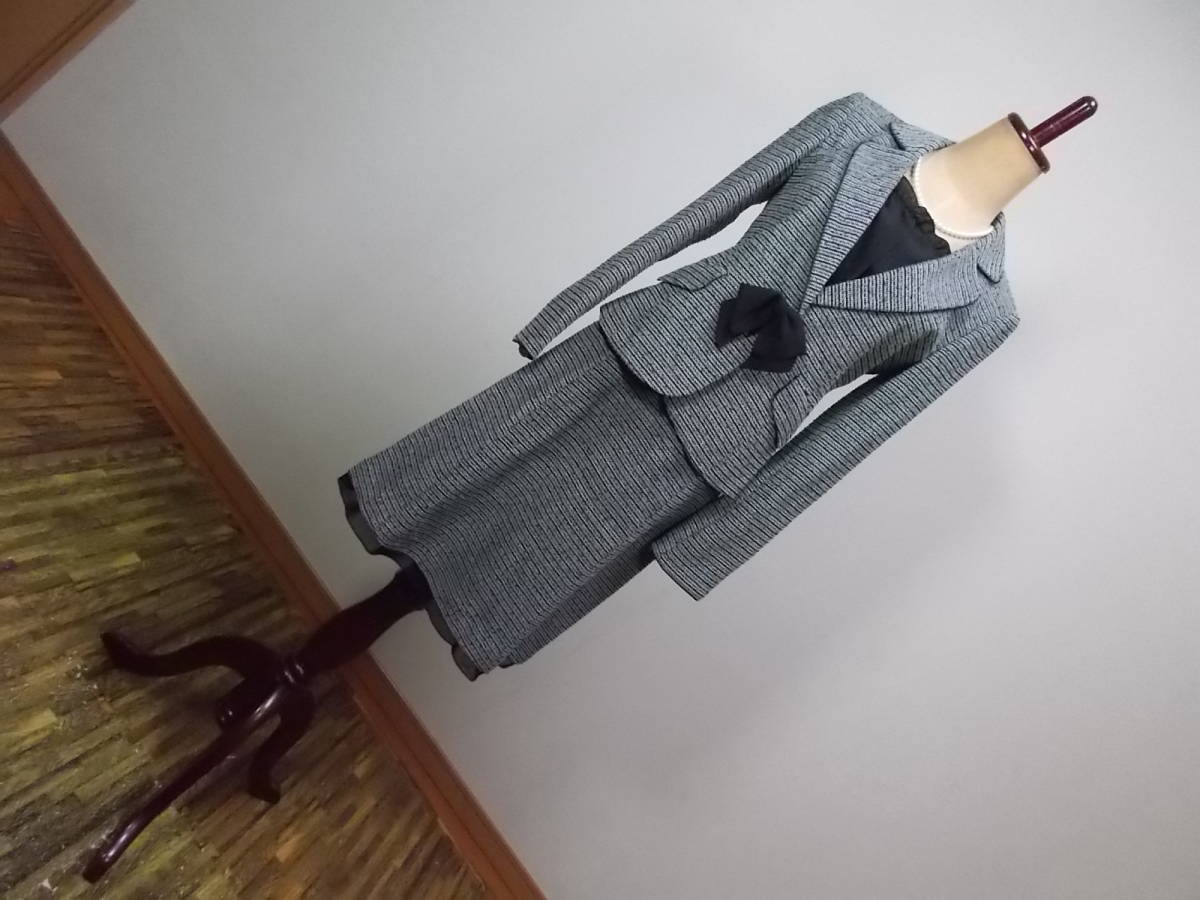 30-171新品ツイードフォーマルスーツ白黒テーラードジャケットひざ丈スカート2点セットアップセレモニースーツ9号M卒業式入学式結婚式拍卖