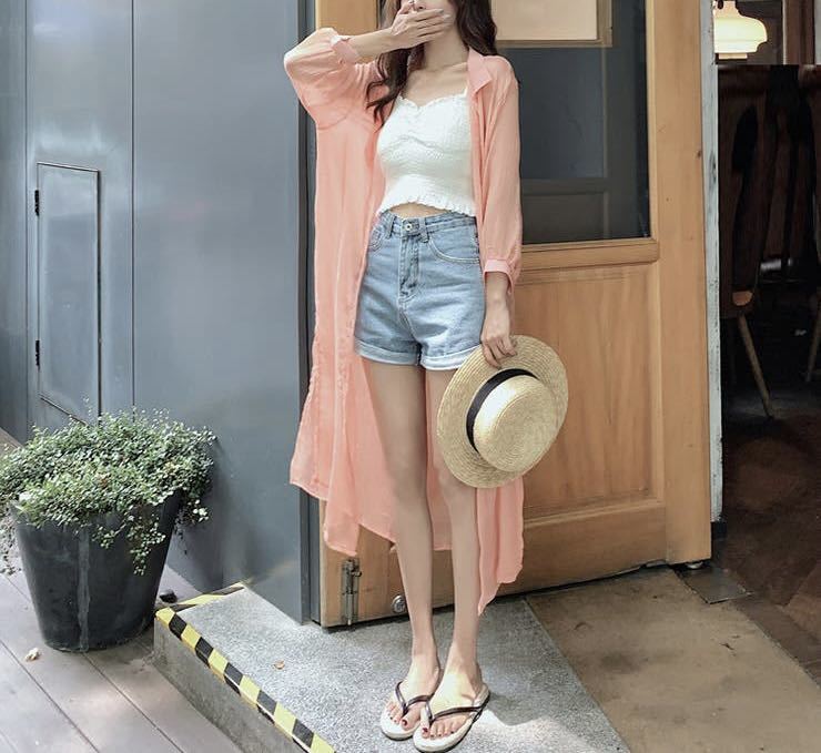 JS FASHION ロング丈シアーシャツ ピンクオレンジ拍卖