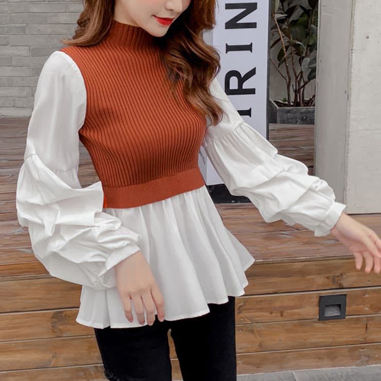 AMOUR BOX ボリュームスリーブニットドッキングブラウス ブラウン拍卖