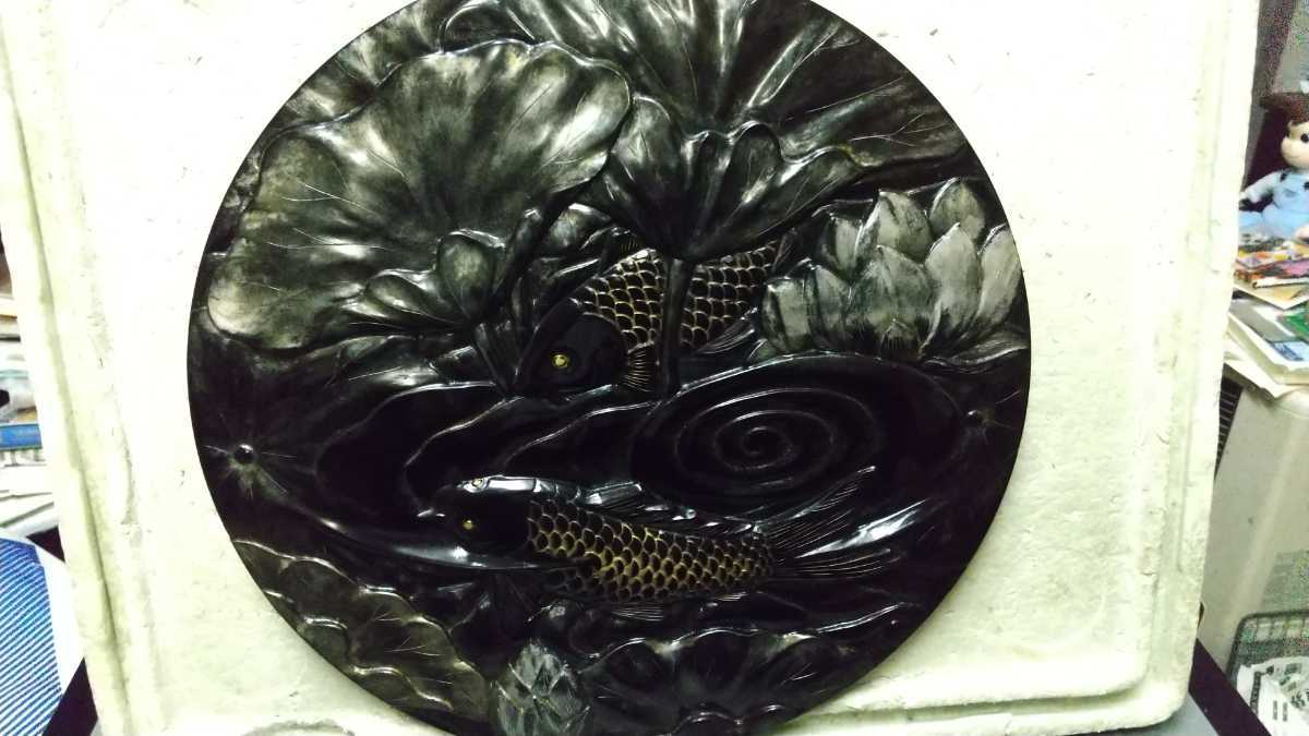 鯉 壁掛け 蓮蓮の花 古い? 直径33cm拍卖